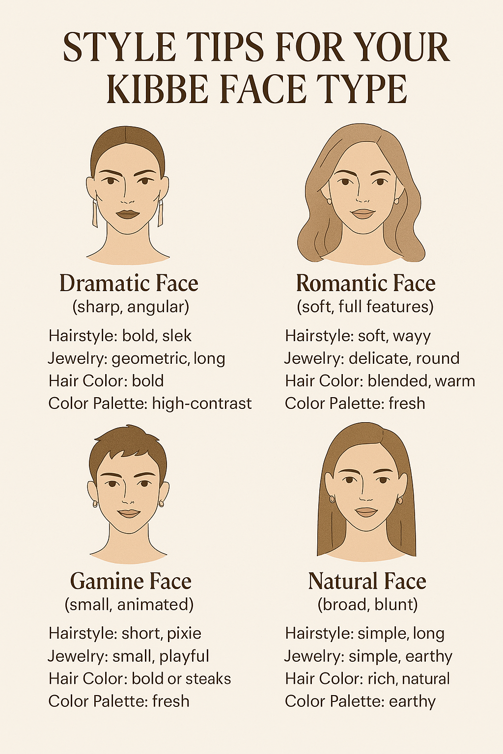 Infographic showing five Kibbe face types—Dramatic, Romantic, Gamine, Classic, and Natural—with hairstyle, jewelry, and color tips for each.