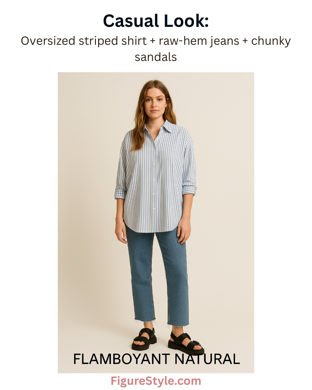 Flamboyant Natural woman wearing an oversized striped shirt, raw-hem jeans, and chunky black sandals, standing confidently against a neutral background