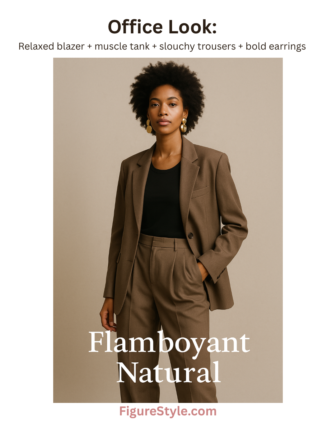 Flamboyant Natural woman wearing a relaxed brown blazer, black muscle tank, slouchy taupe trousers, and bold gold earrings, standing against a beige background