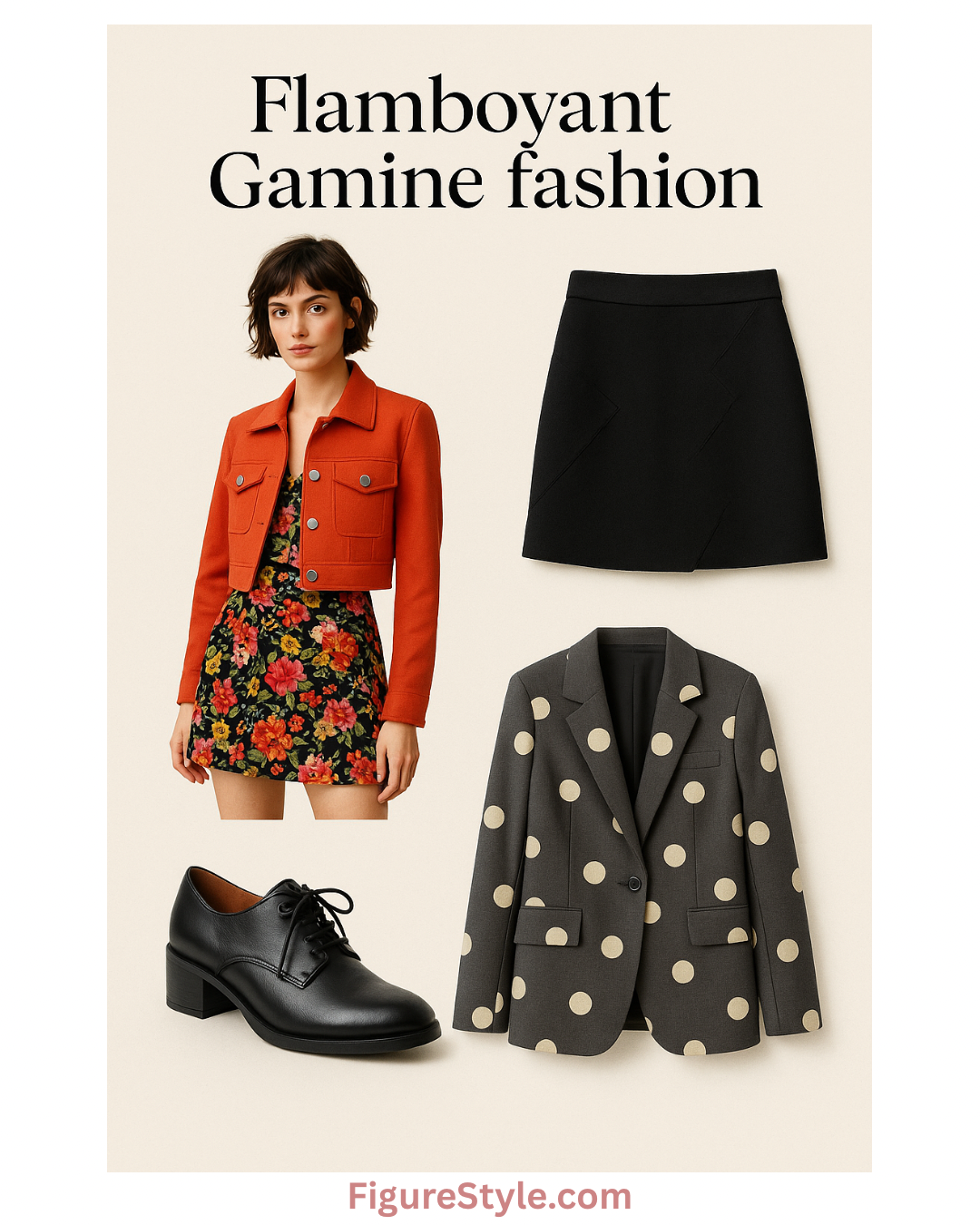 Collage showcasing Flamboyant Gamine fashion style: a young woman in a red cropped jacket over a floral mini dress, a black mini skirt with zigzag seams, a gray boxy blazer with polka dots, and a pair of classic black shoes — all arranged on a neutral background with the title ‘Flamboyant Gamine fashion’ at the top.