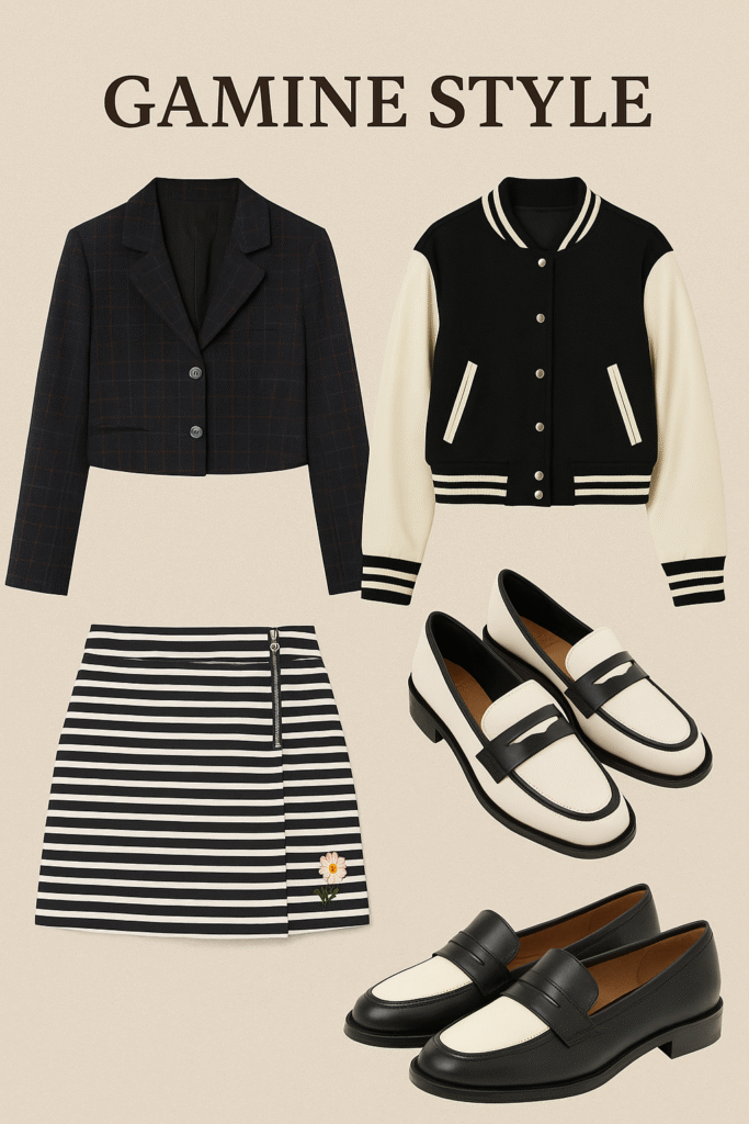 Collage showcasing Gamine style with a cropped plaid blazer, black-and-white varsity jacket, striped mini skirt with a daisy embroidery, and two-toned black and white loafers, all arranged on a neutral background under the title ‘GAMINE STYLE’