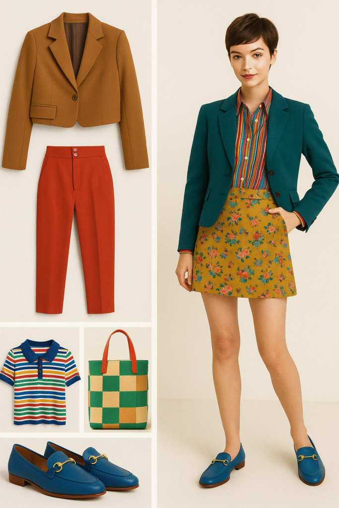 Collage of colorful Gamine style fashion featuring a young woman in a teal blazer, multicolored striped shirt, mustard floral mini skirt, and blue loafers, surrounded by additional clothing pieces including a camel cropped blazer, red trousers, striped polo, and a green-and-yellow checkered tote bag.